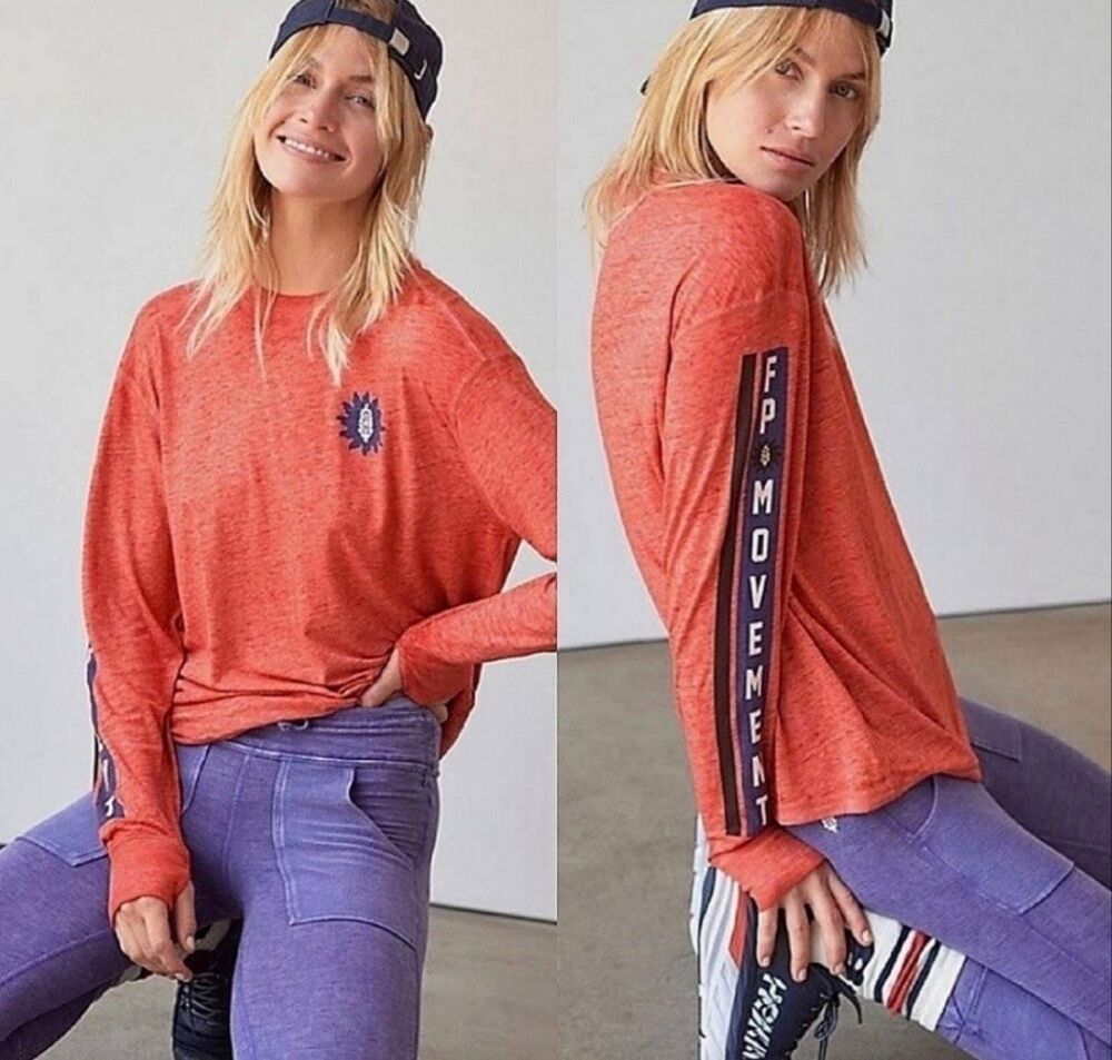 Free People Movement Women's Keep Rolling Logo Long-Sleeve Tee Red S NWOT